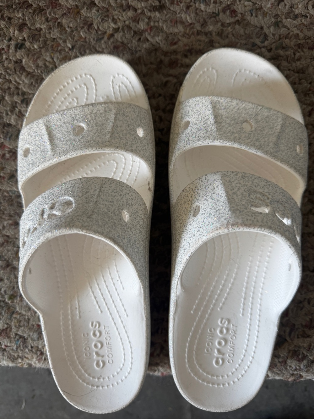 Women’s White & Silver Glitter Slip-On Slide Sandals